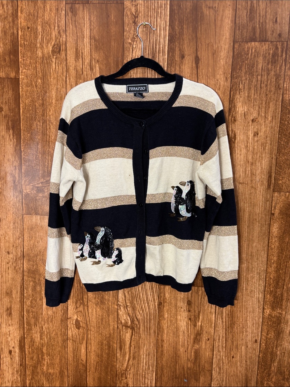 Terazzo Black and Cream Striped Penguin Embellished Cardigan